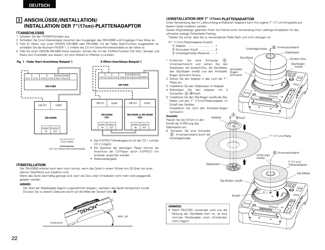 Denon DN-S3000 manual Anschlüsse/Installation, 1ANSCHLÜSSE, Vorsicht, Hinweis 