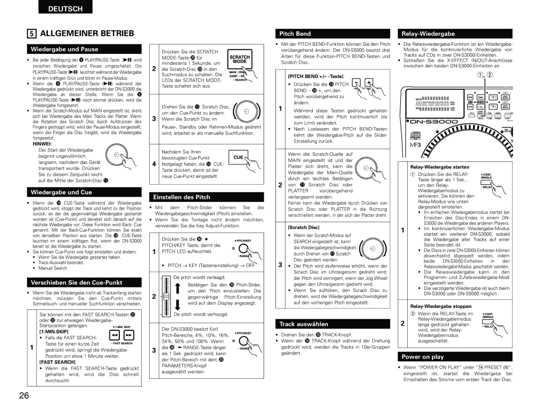 Denon DN-S3000 manual Allgemeiner Betrieb 