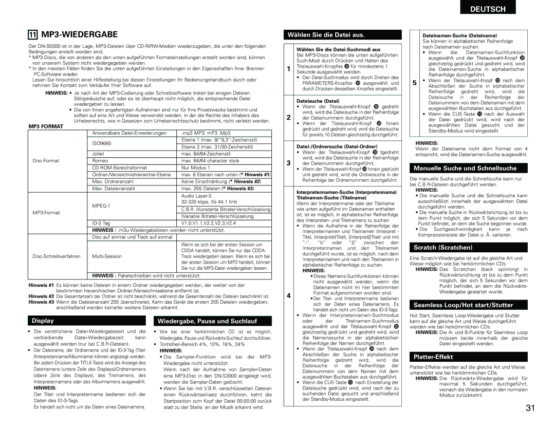 Denon DN-S3000 manual 11 MP3-WIEDERGABE 