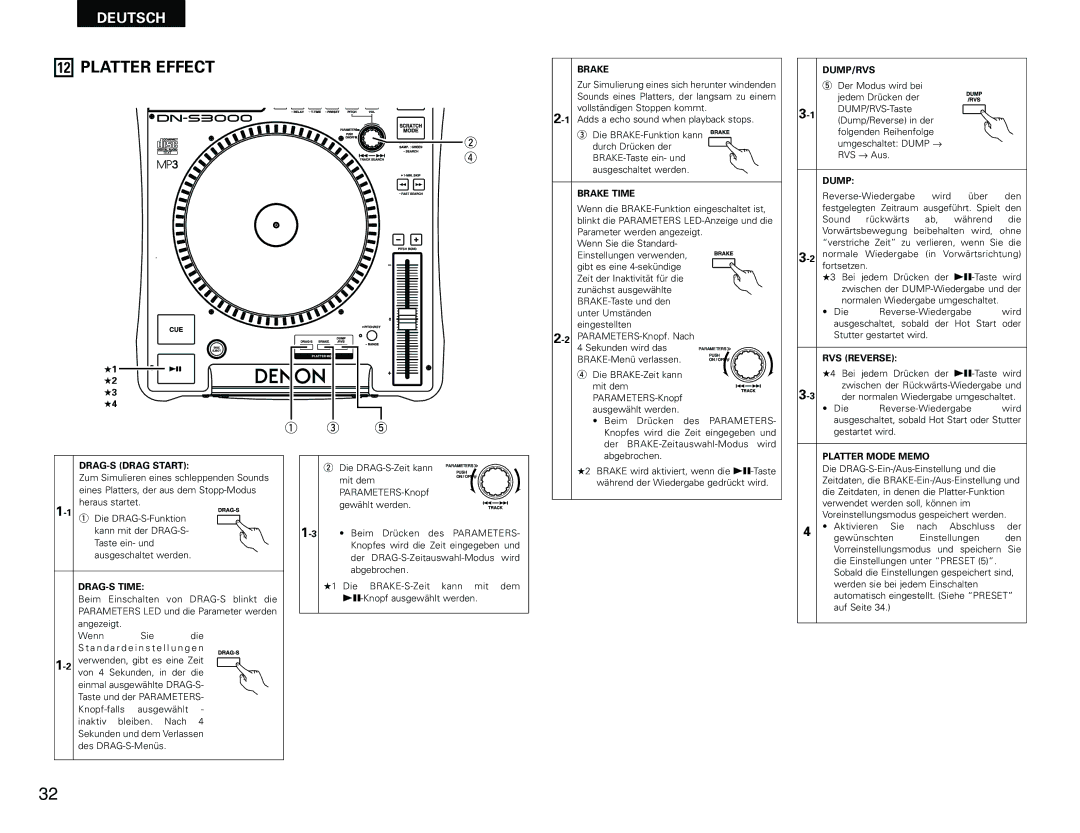 Denon DN-S3000 Der Modus wird bei, Jedem Drücken der, DUMP/RVS-Taste, Dump/Reverse in der, Folgenden Reihenfolge, Mit dem 