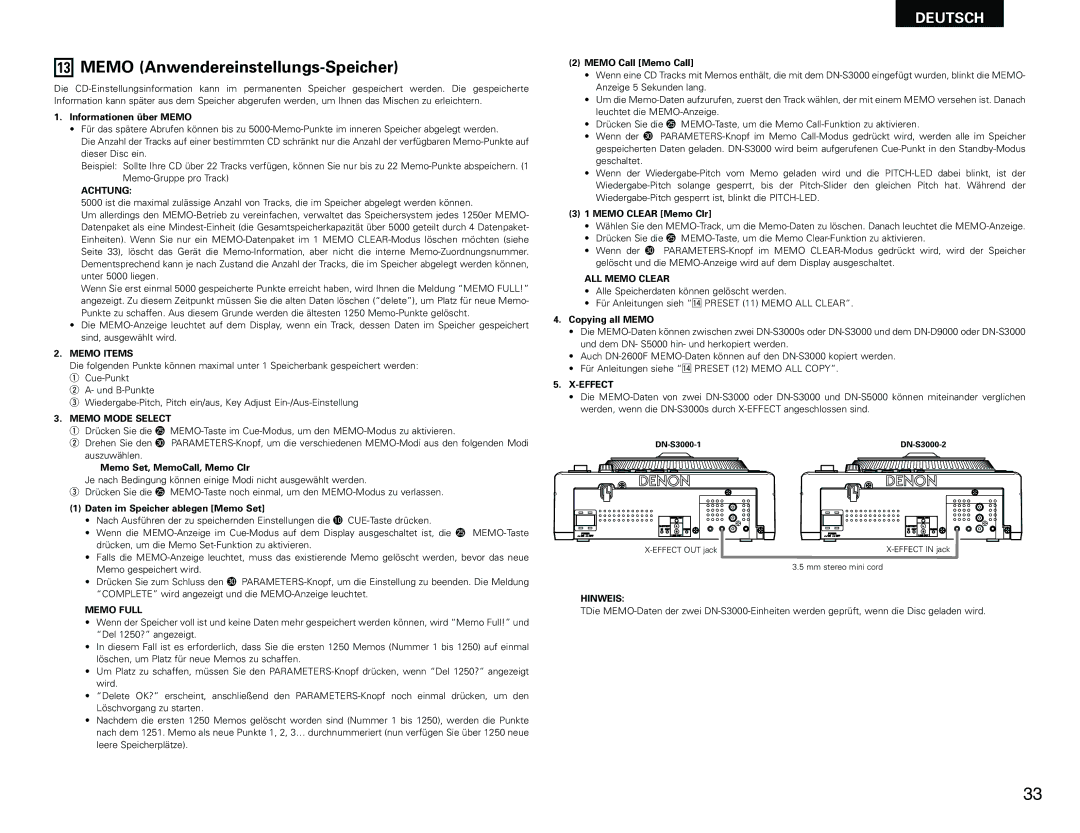 Denon DN-S3000 manual Informationen über Memo, Daten im Speicher ablegen Memo Set 