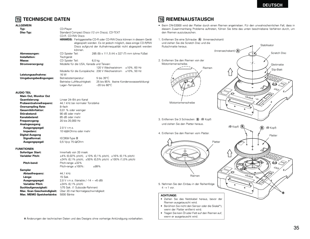 Denon DN-S3000 manual Technische Daten, Riemenaustausch, Allgemein, Audio Teil, Funktionen 