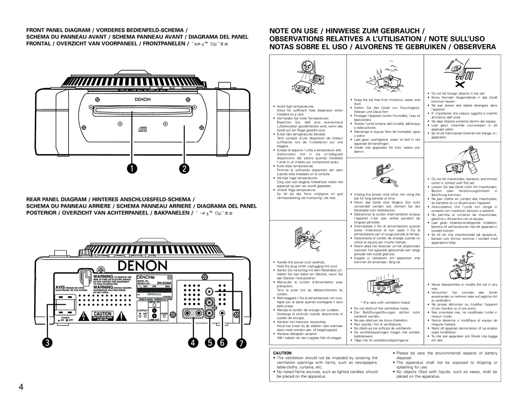 Denon DN-S3000 manual Front Panel Diagram / Vorderes BEDIENFELD-SCHEMA, Rear Panel Diagram / Hinteres ANSCHLUSSFELD-SCHEMA 