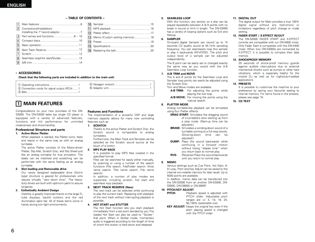 Denon DN-S3000 manual Main Features, Table of Contents, Accessories 