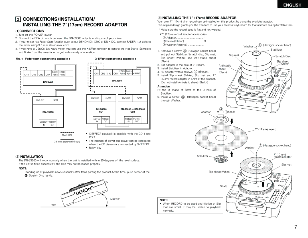 Denon DN-S3000 manual Connections/Installation, 1CONNECTIONS, 2INSTALLATION, Washer, Fix Adaptor with 3 screws. a head 