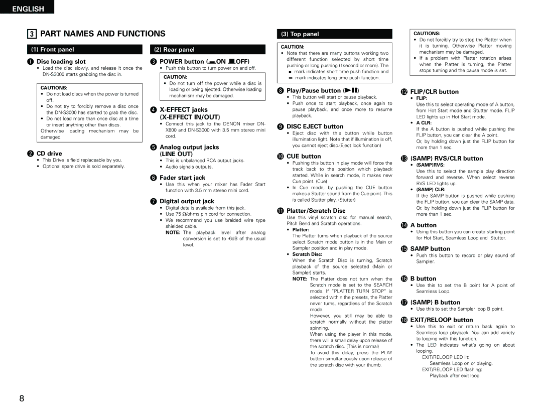 Denon DN-S3000 manual Part Names and Functions, Top panel Front panel, Rear panel 