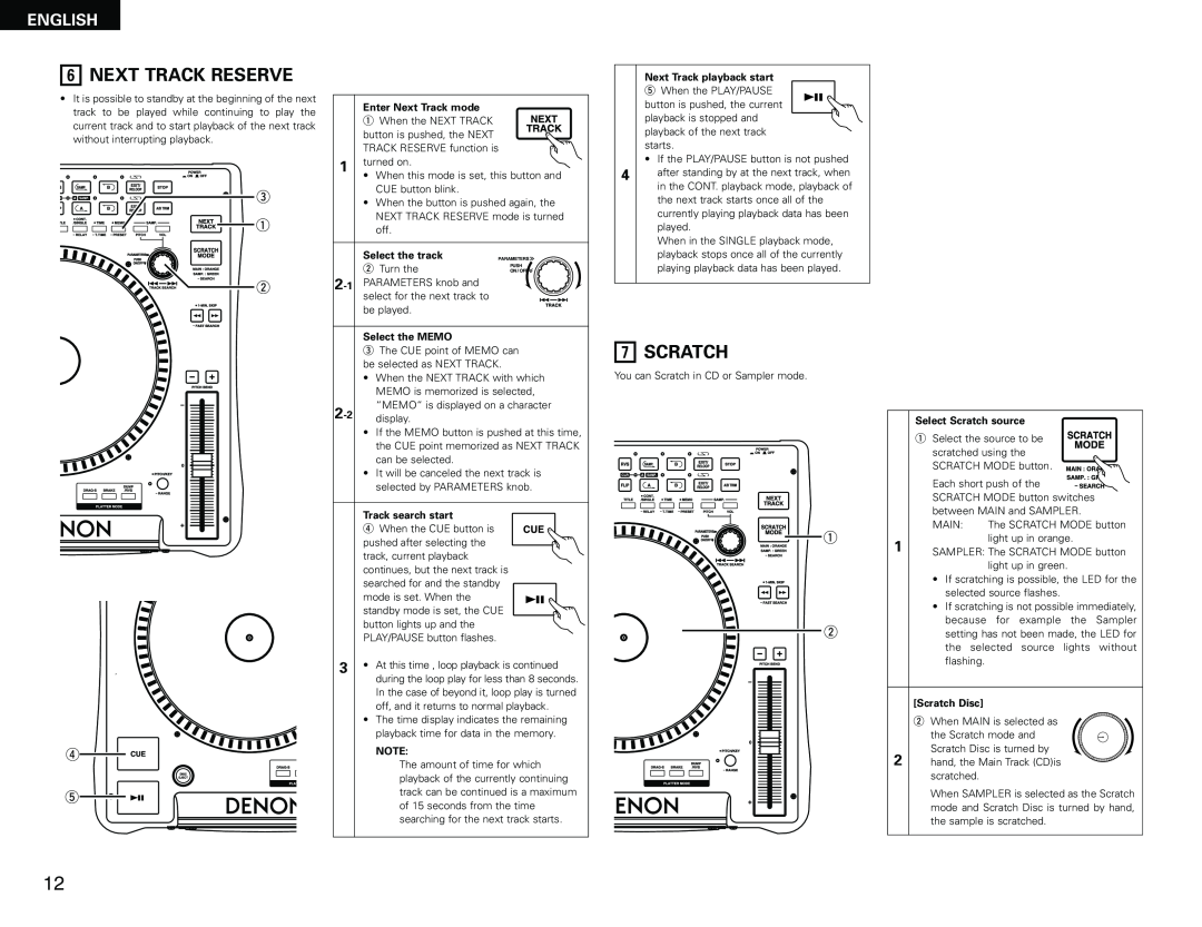Denon DN-S3000 manual Next Track Reserve, Scratch, English 