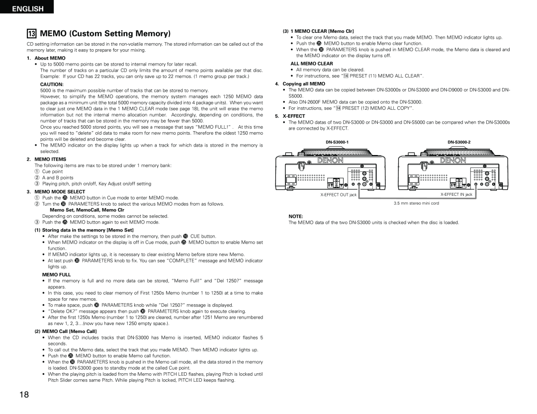 Denon DN-S3000 manual MEMO Custom Setting Memory, English 