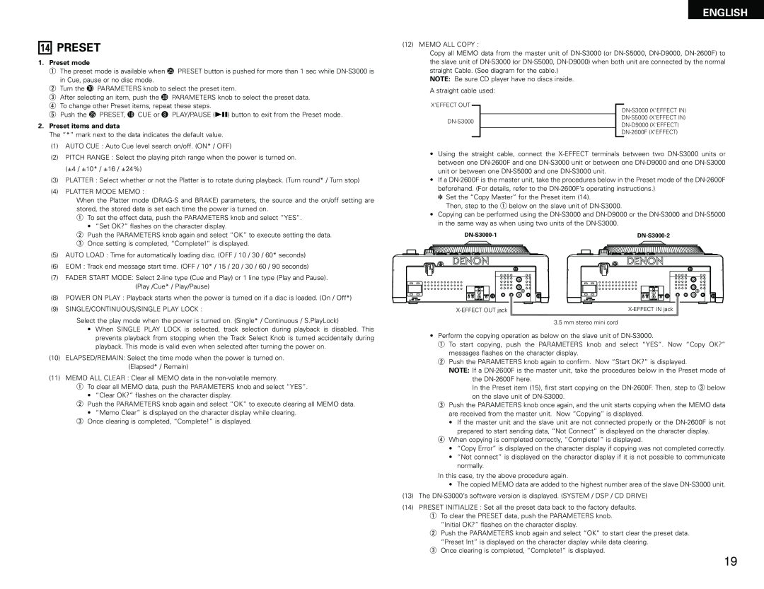 Denon DN-S3000 manual English, Preset mode, Preset items and data 