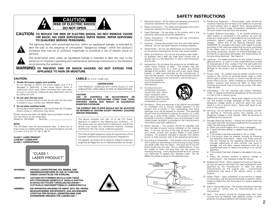 Denon DN-S3000 manual Safety Instructions, Risk Of Electric Shock Do Not Open, Class, Laser Product 