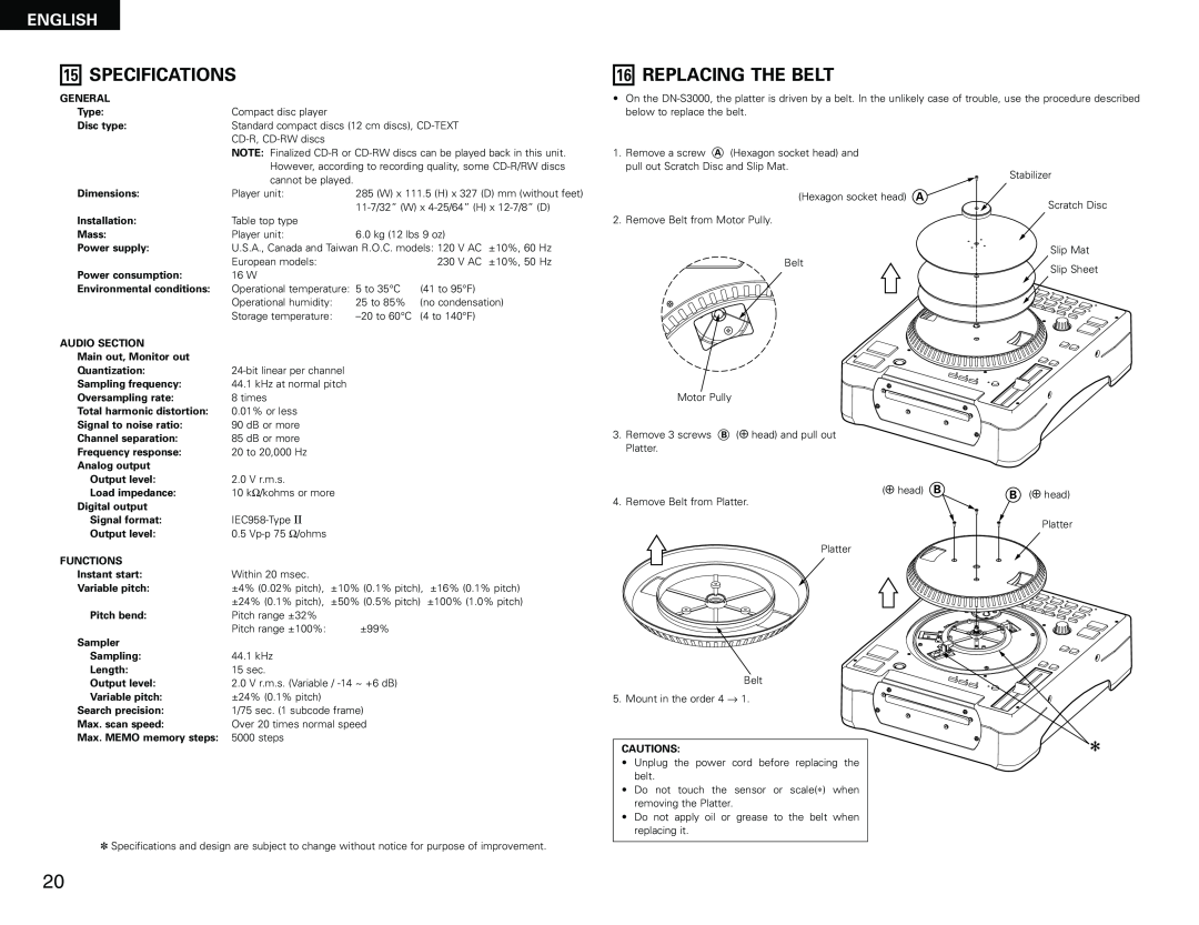 Denon DN-S3000 manual Specifications, Replacing The Belt, English 