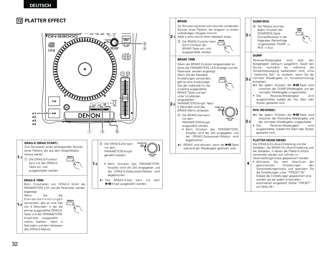 Denon DN-S3000 manual Platter Effect, Deutsch, w r, Rvs Reverse 