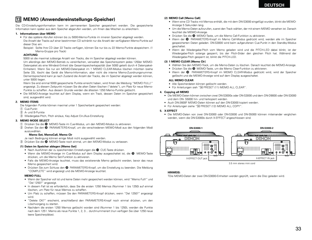 Denon DN-S3000 manual MEMO Anwendereinstellungs-Speicher, Deutsch 
