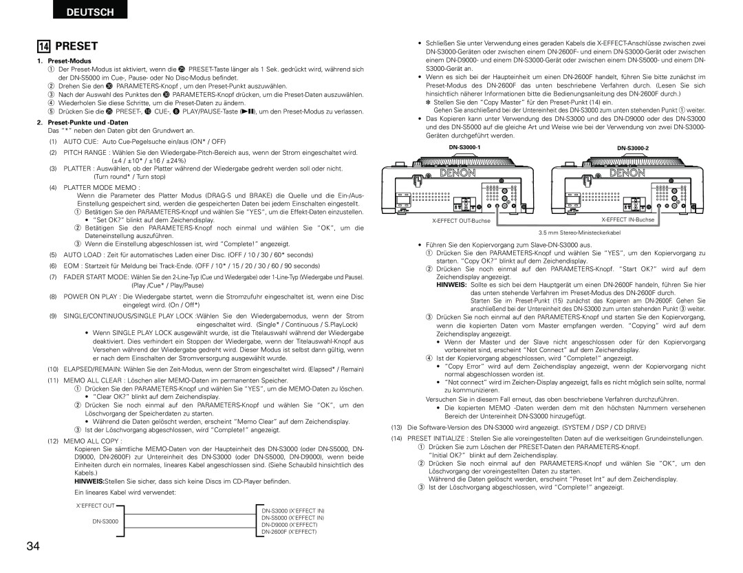 Denon DN-S3000 manual Deutsch, Preset-Modus, Preset-Punkte und -Daten, X-EFFECT IN-Buchse 