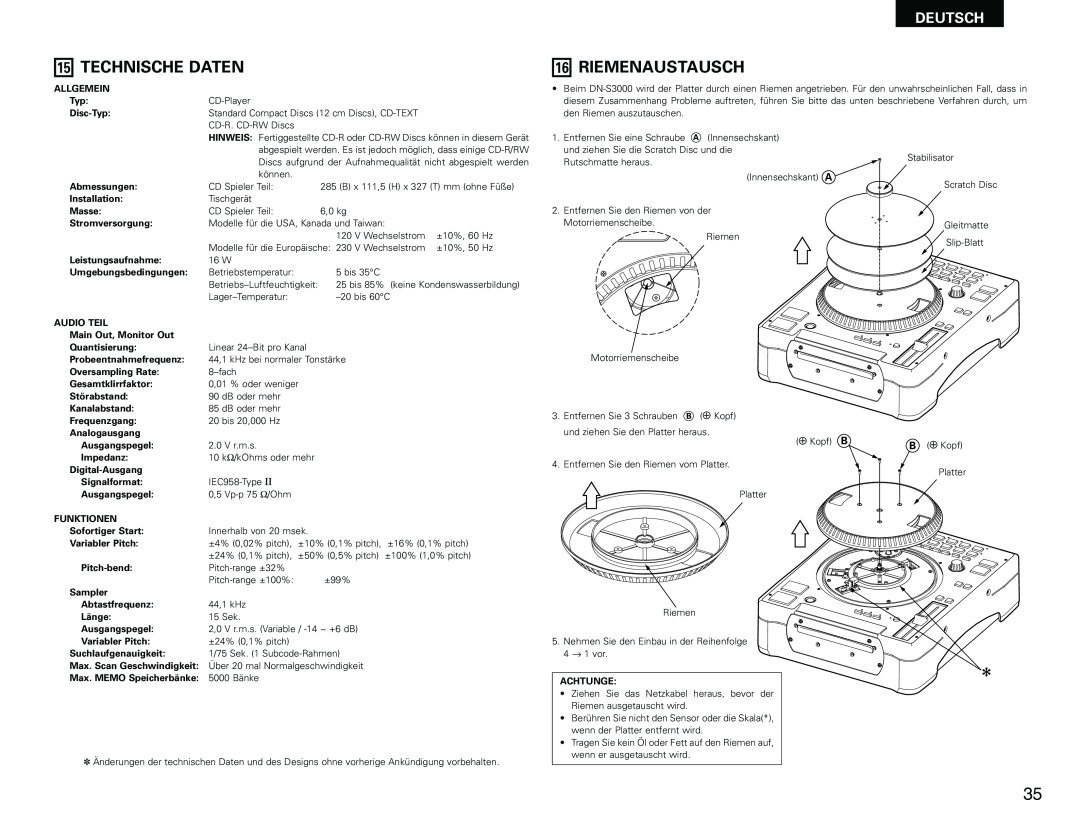 Denon DN-S3000 manual Technische Daten, Riemenaustausch, Deutsch, Standard Compact Discs 12 cm Discs, CD-TEXT 