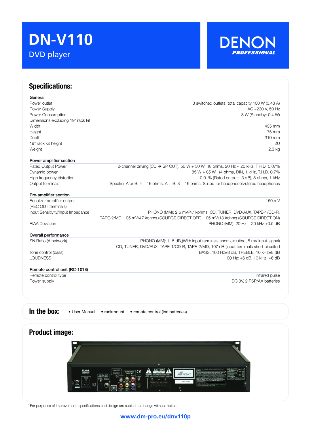 Denon DN-V110 manual Speciﬁcations, Product image, Loudness 