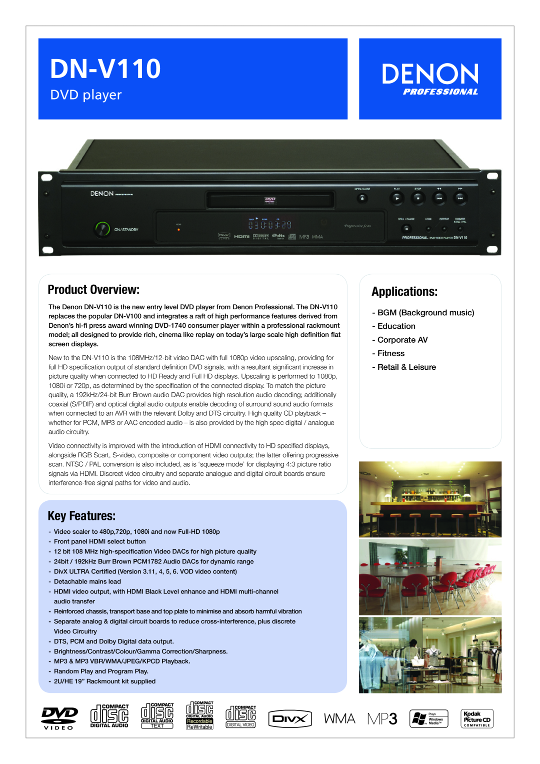 Denon DN-V110 manual DVD player, Product Overview, Key Features, Applications 