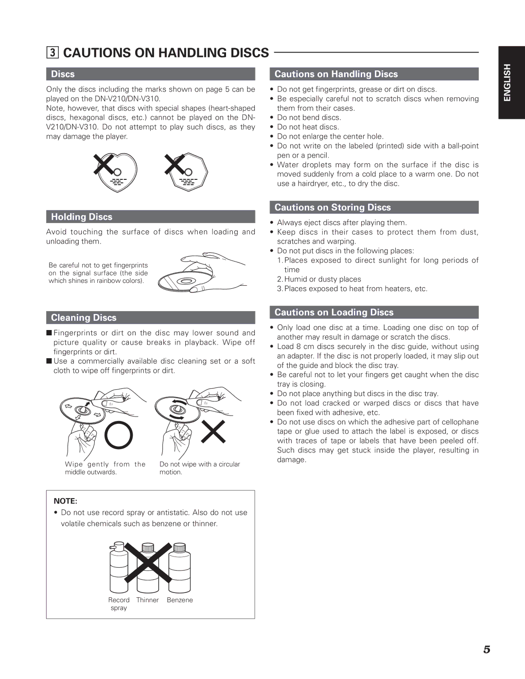 Denon DN-V210, DN-V310 manual Holding Discs, Cleaning Discs 