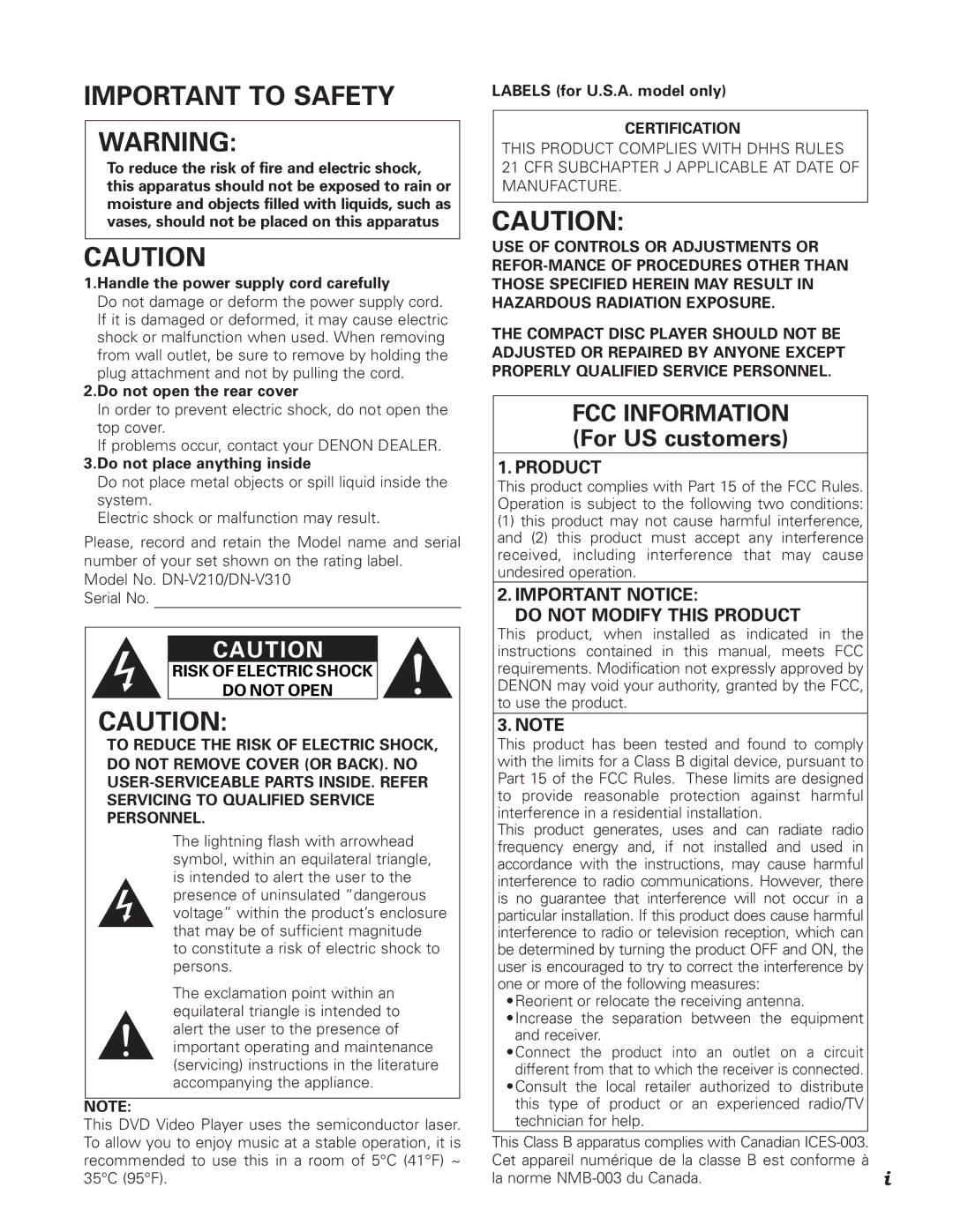 Denon DN-V210, DN-V310 manual Important to Safety 