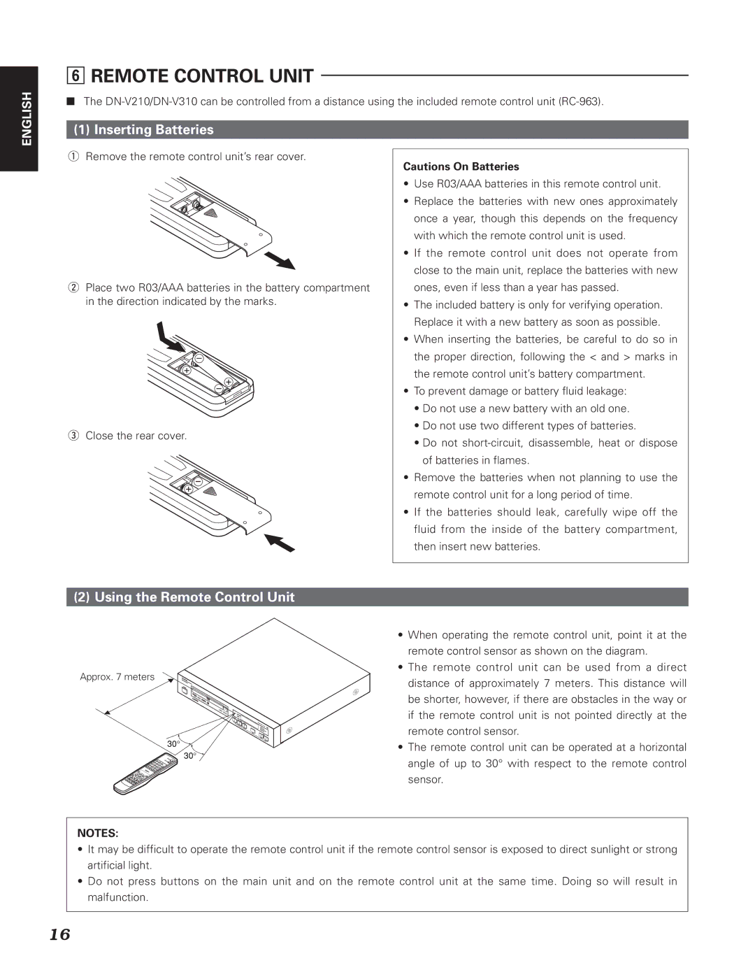 Denon DN-V310, DN-V210 manual Inserting Batteries, Using the Remote Control Unit 