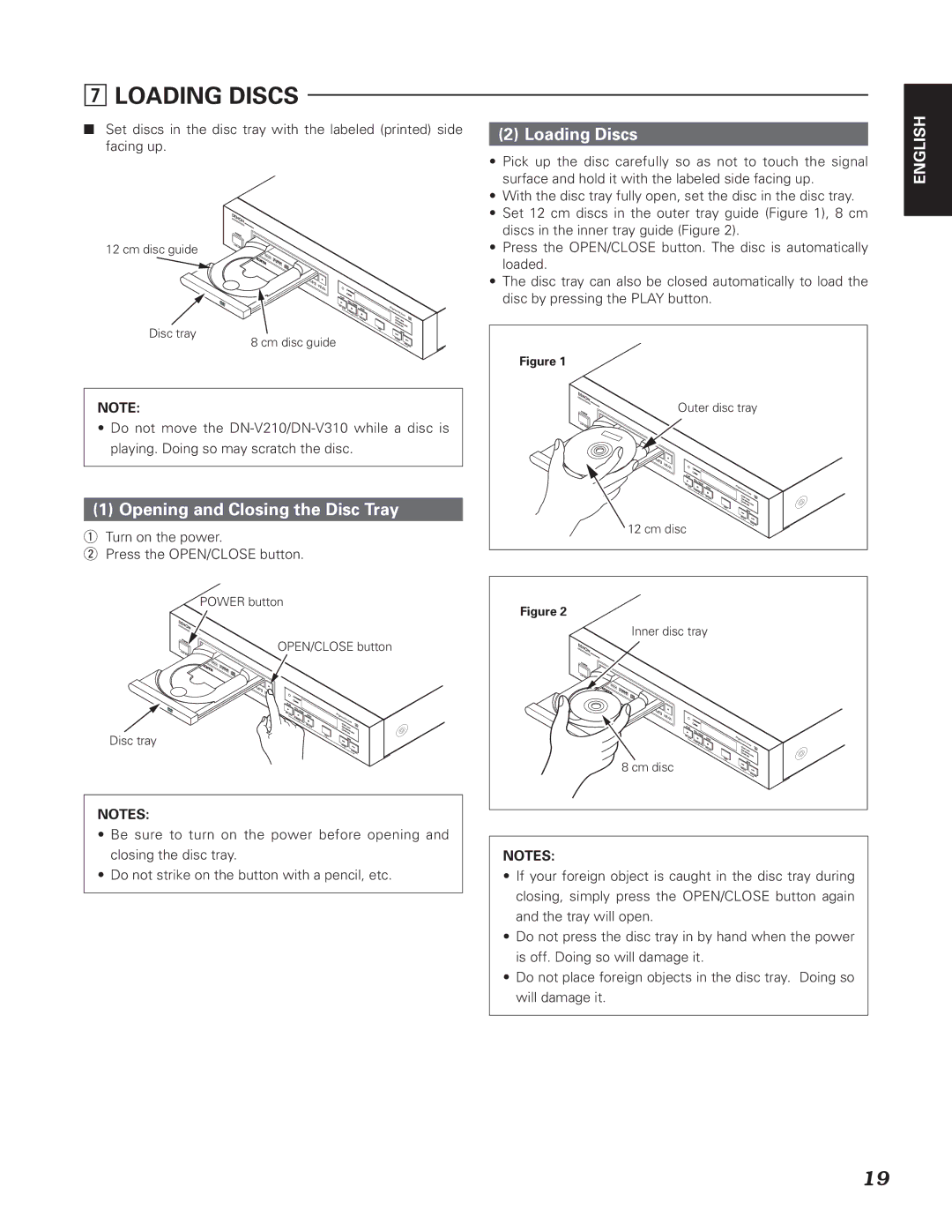 Denon DN-V210, DN-V310 manual Opening and Closing the Disc Tray, Loading Discs 