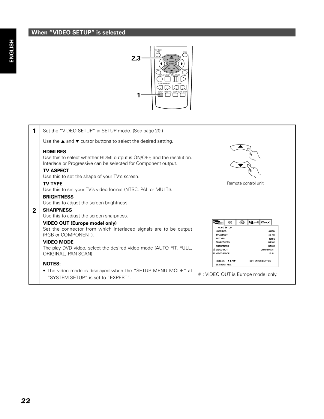 Denon DN-V310, DN-V210 manual When Video Setup is selected 