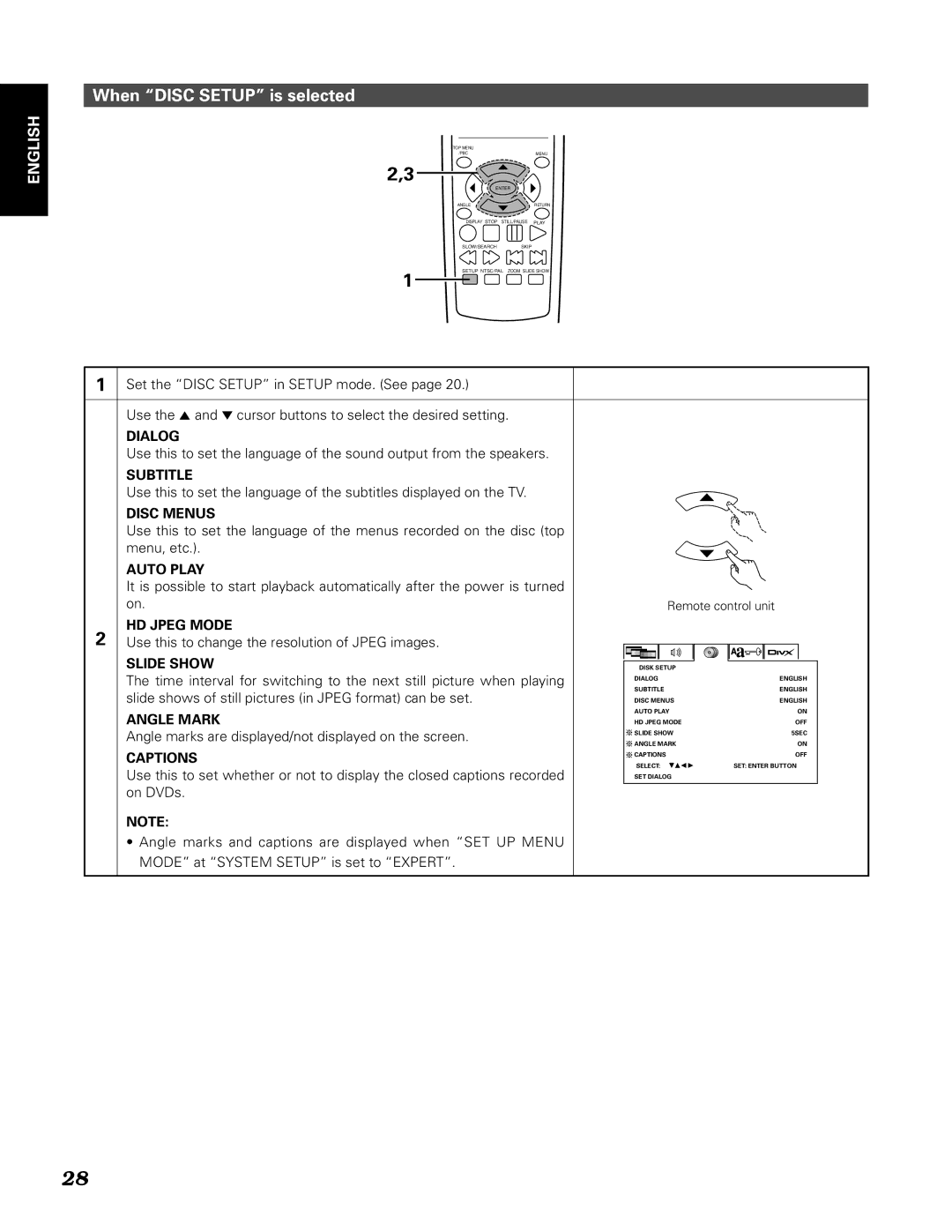 Denon DN-V310, DN-V210 manual When Disc Setup is selected 