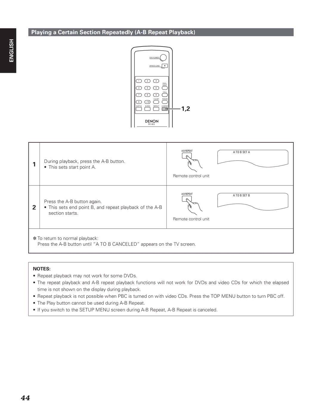 Denon DN-V310, DN-V210 manual Playing a Certain Section Repeatedly A-B Repeat Playback 