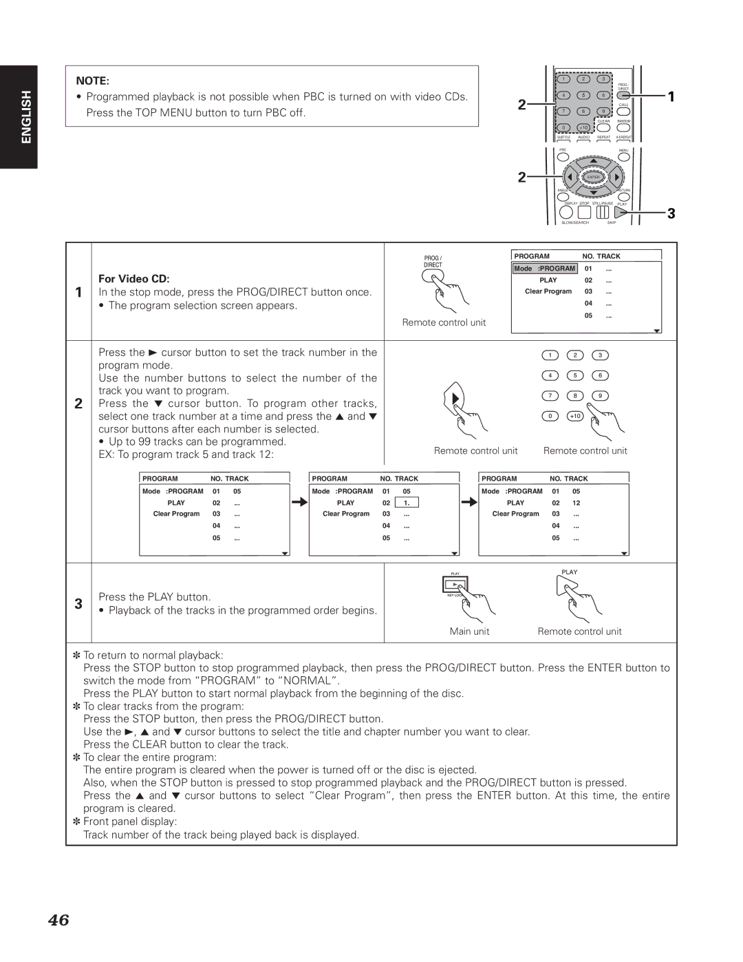 Denon DN-V310, DN-V210 manual For Video CD, EX To program track 5 and track 