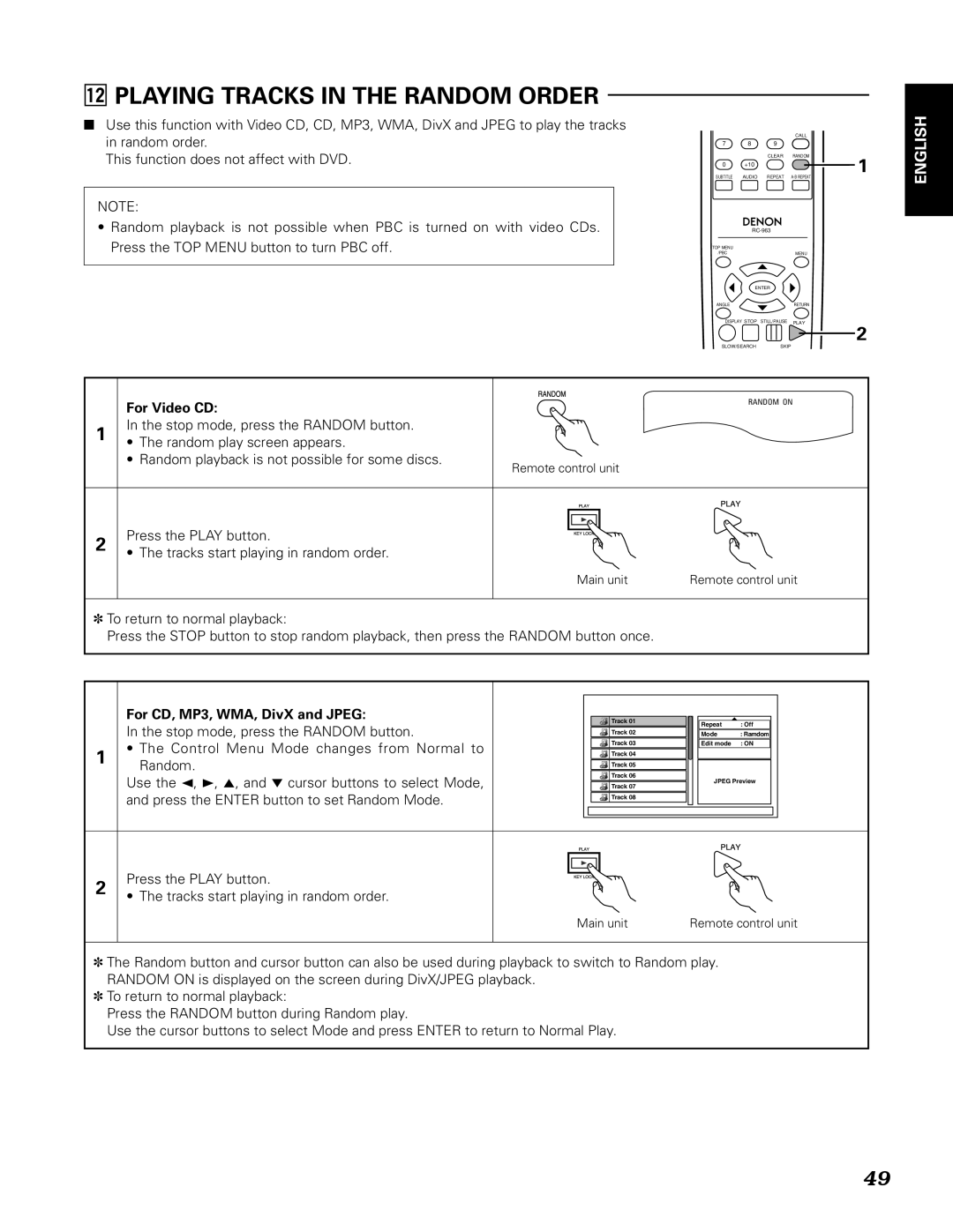 Denon DN-V210, DN-V310 manual ⁄2PLAYING Tracks in the Random Order 