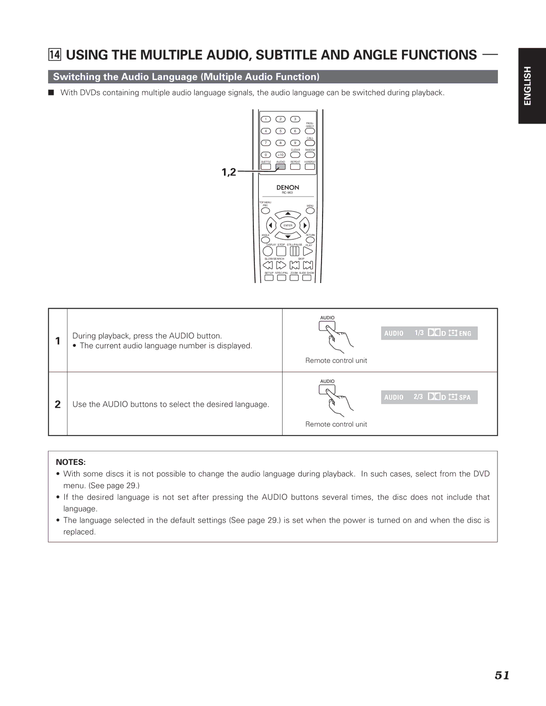 Denon DN-V210, DN-V310 manual ⁄4USING the Multiple AUDIO, Subtitle and Angle Functions 