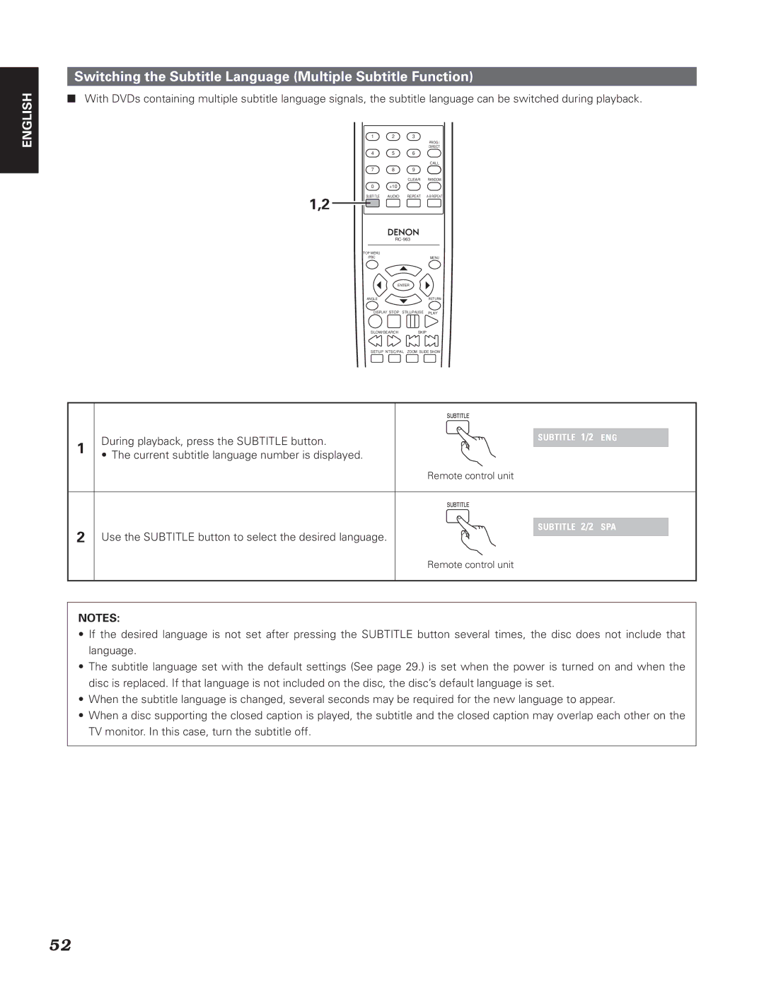 Denon DN-V310, DN-V210 manual Switching the Subtitle Language Multiple Subtitle Function 