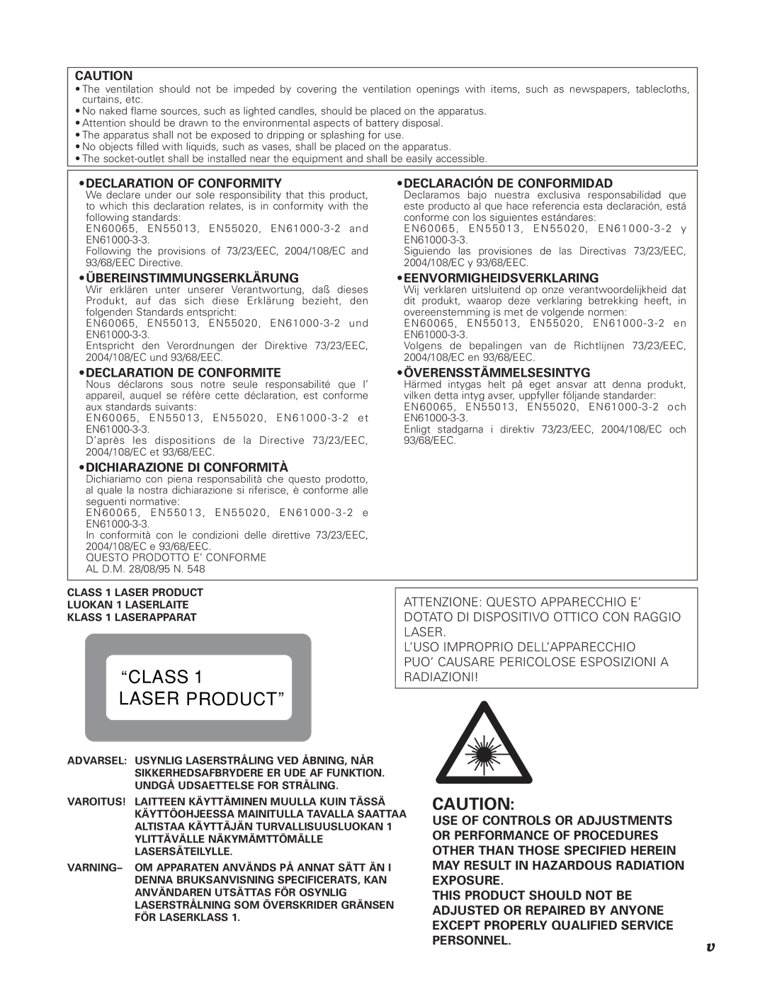 Denon DN-V210, DN-V310 manual Class Laser Product 