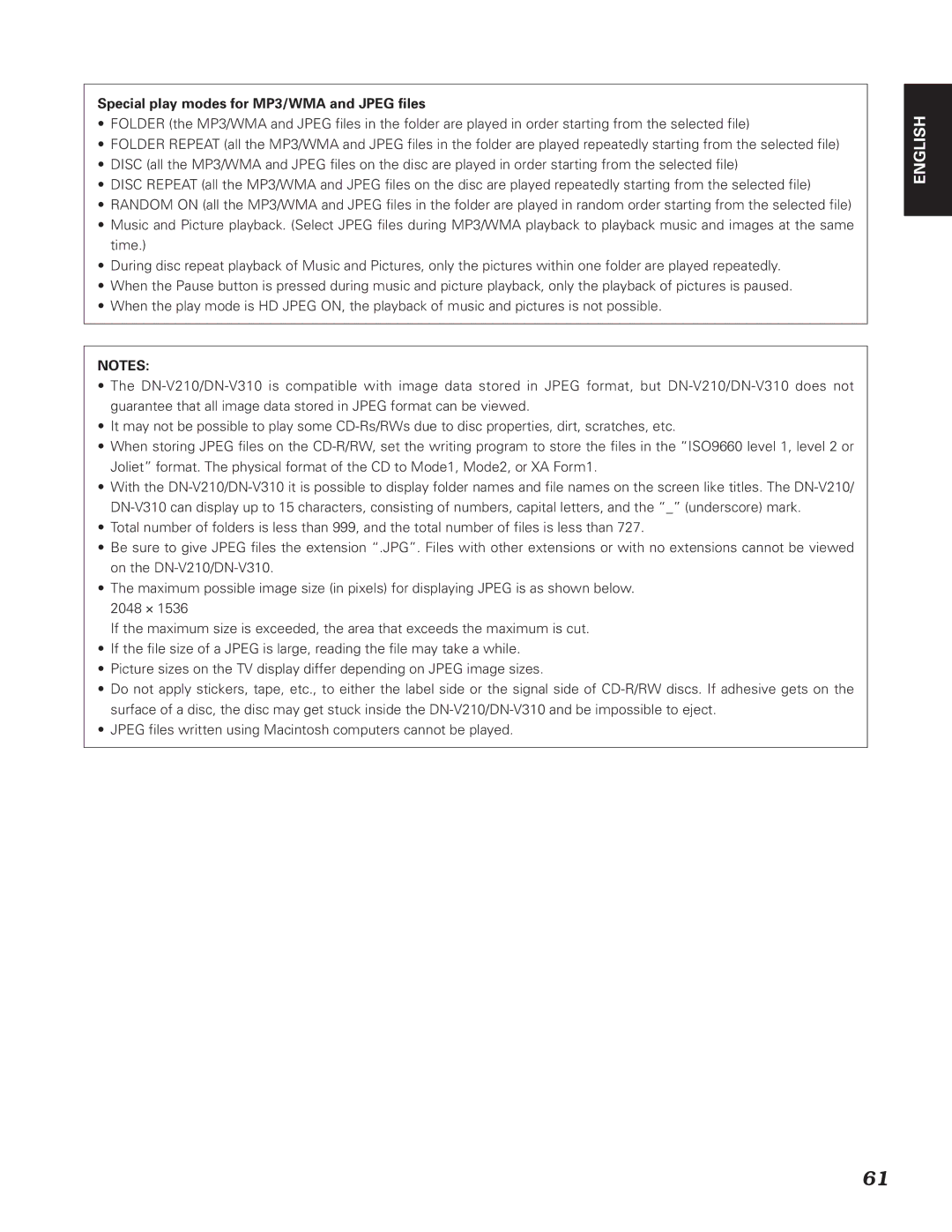 Denon DN-V210, DN-V310 manual Special play modes for MP3/WMA and Jpeg files 