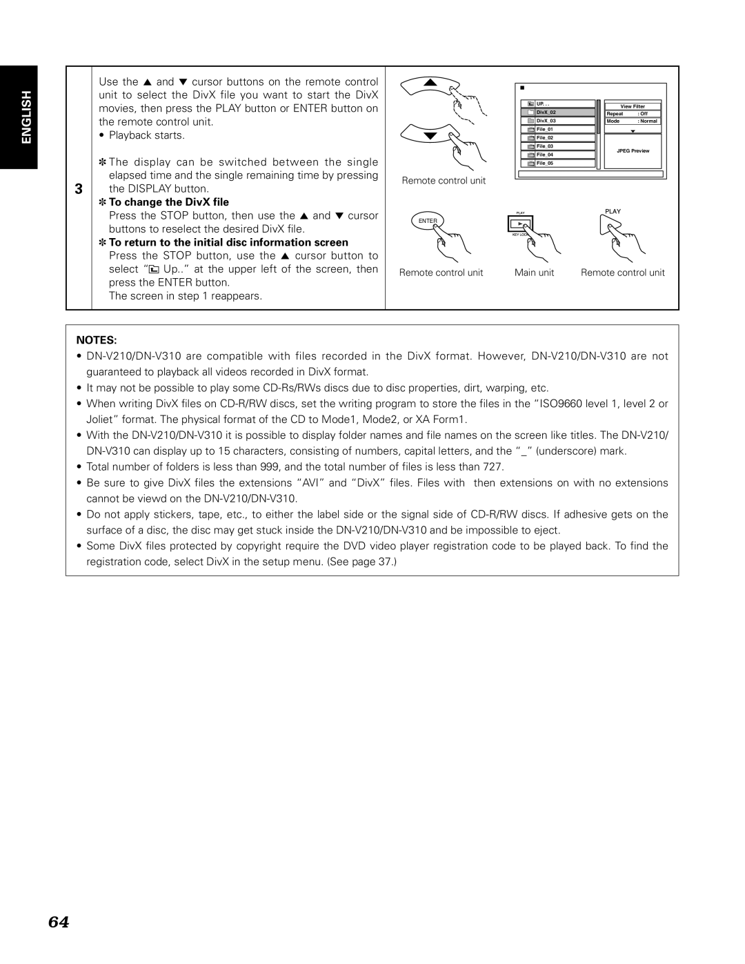 Denon DN-V310, DN-V210 manual To change the DivX file, Press the Stop button, use the 5 cursor button to 