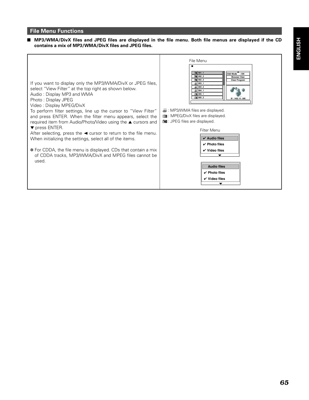 Denon DN-V210, DN-V310 manual File Menu Functions 