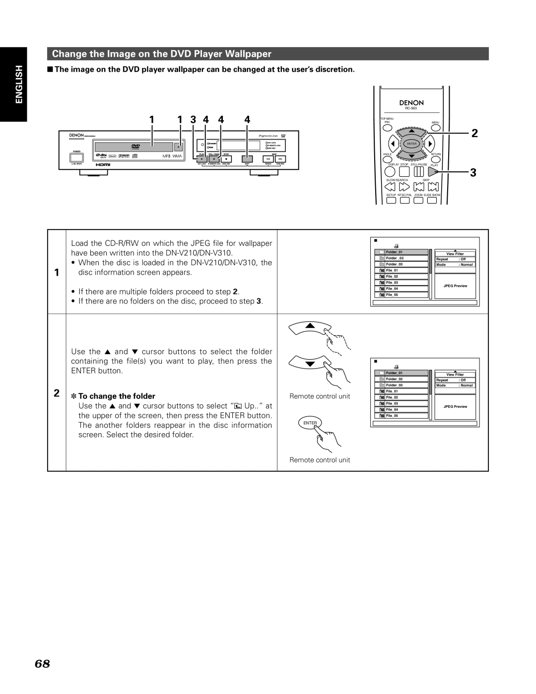 Denon manual Change the Image on the DVD Player Wallpaper, When the disc is loaded in the DN-V210/DN-V310 