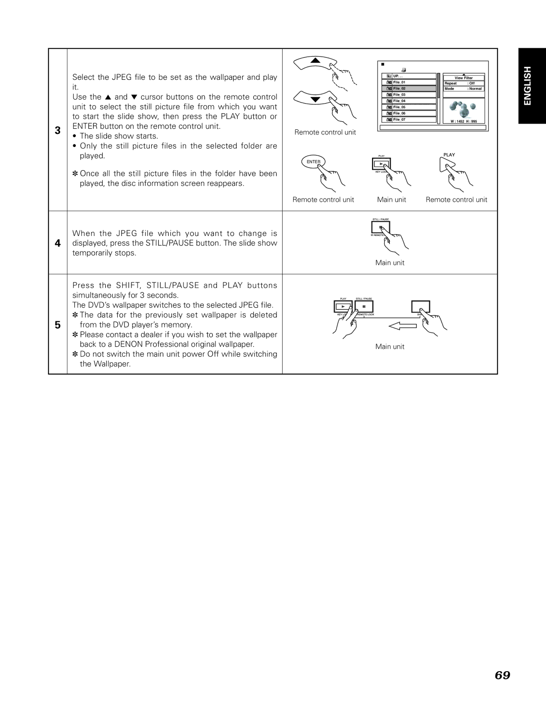 Denon DN-V210, DN-V310 Select the Jpeg file to be set as the wallpaper and play, Enter button on the remote control unit 