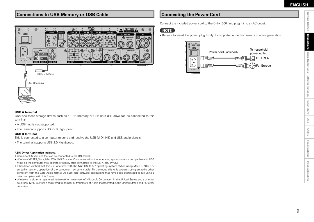 Denon DN-X1600 Connections to USB Memory or USB Cable, Connecting the Power Cord, USB a terminal, USB B terminal 