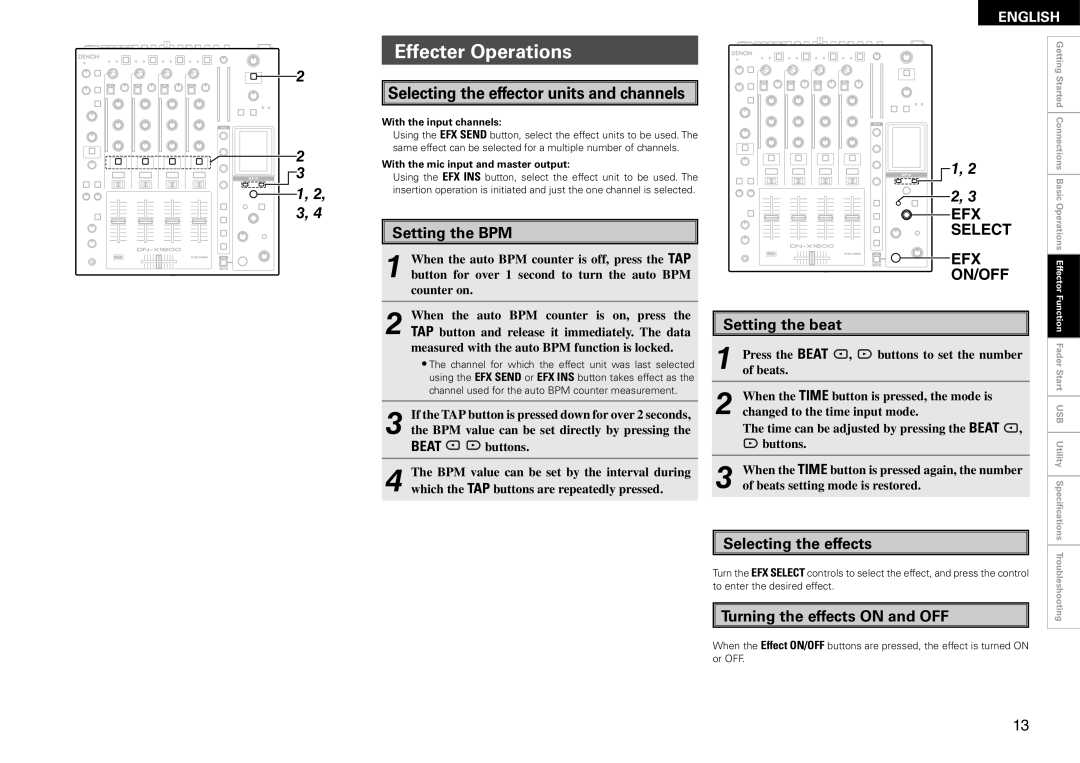 Denon DN-X1600 owner manual Effecter Operations, Setting the BPM, Setting the beat, Selecting the effects 