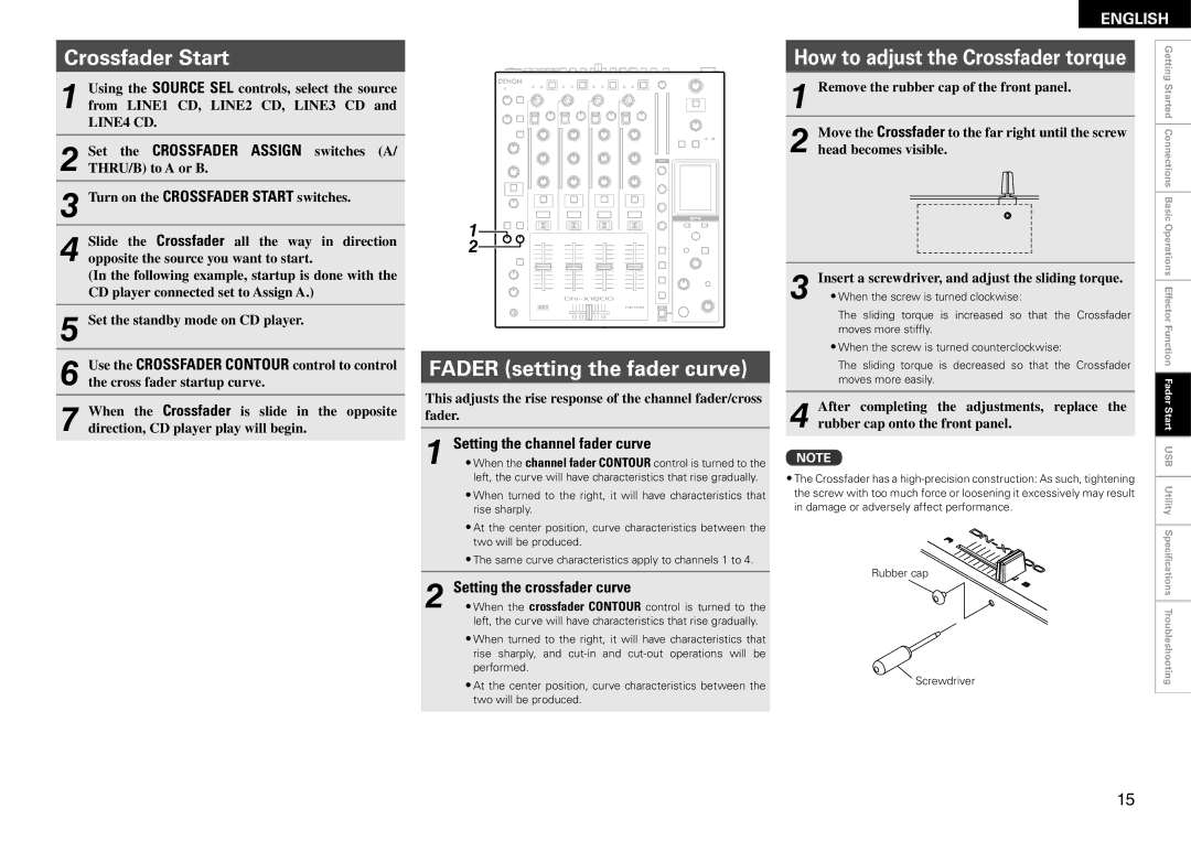 Denon DN-X1600 owner manual Crossfader Start, Fader setting the fader curve, How to adjust the Crossfader torque 