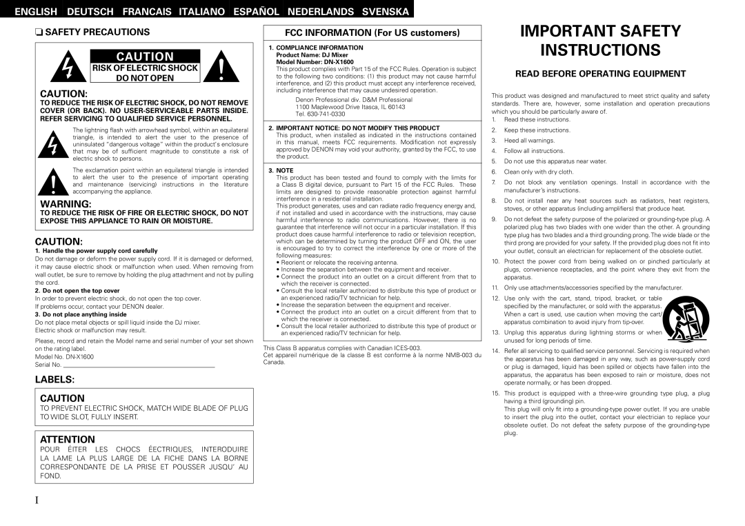 Denon DN-X1600 owner manual Important Safety Instructions 