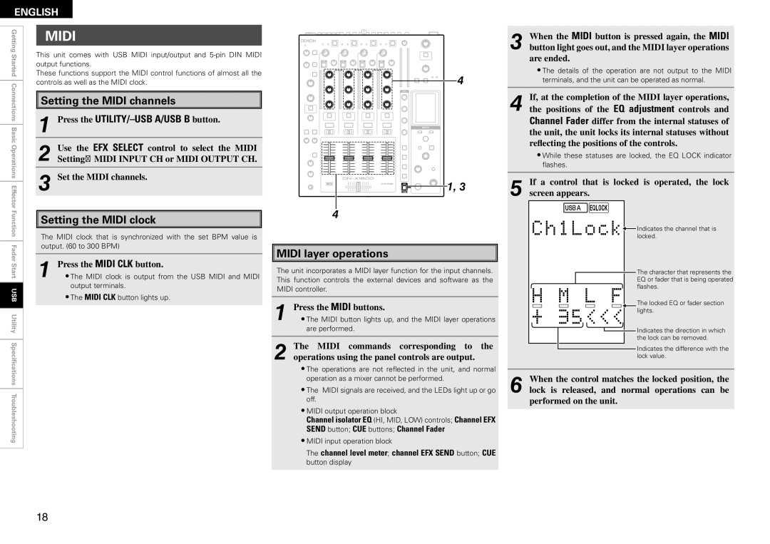 Denon DN-X1600 owner manual Setting the Midi channels, Setting the Midi clock, Midi layer operations 