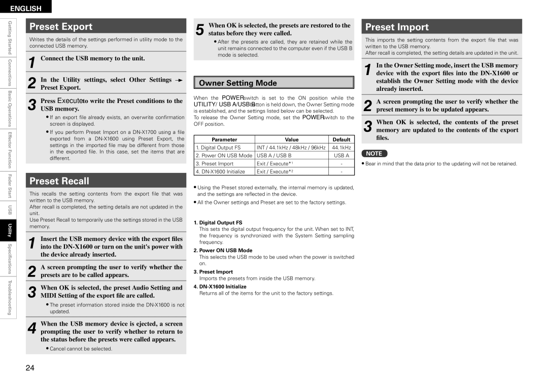 Denon DN-X1600 owner manual Preset Export, Preset Import, Preset Recall, Owner Setting Mode 