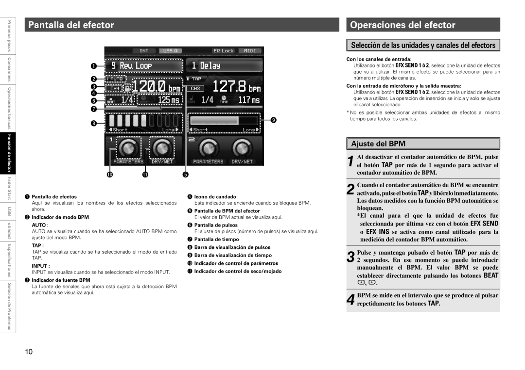 Denon DN-X1700 manual Pantalla del efector, Operaciones del efector, Selección de las unidades y canales del efectors 