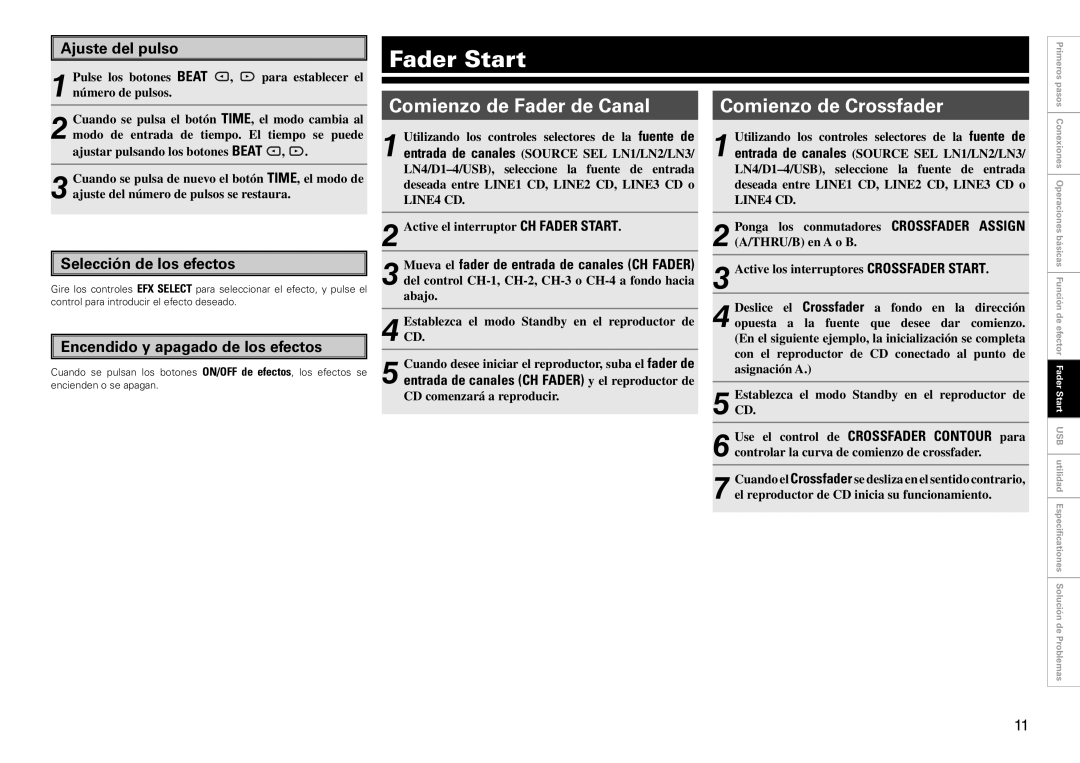 Denon DN-X1700 manual Fader Start, Comienzo de Fader de Canal, Comienzo de Crossfader 