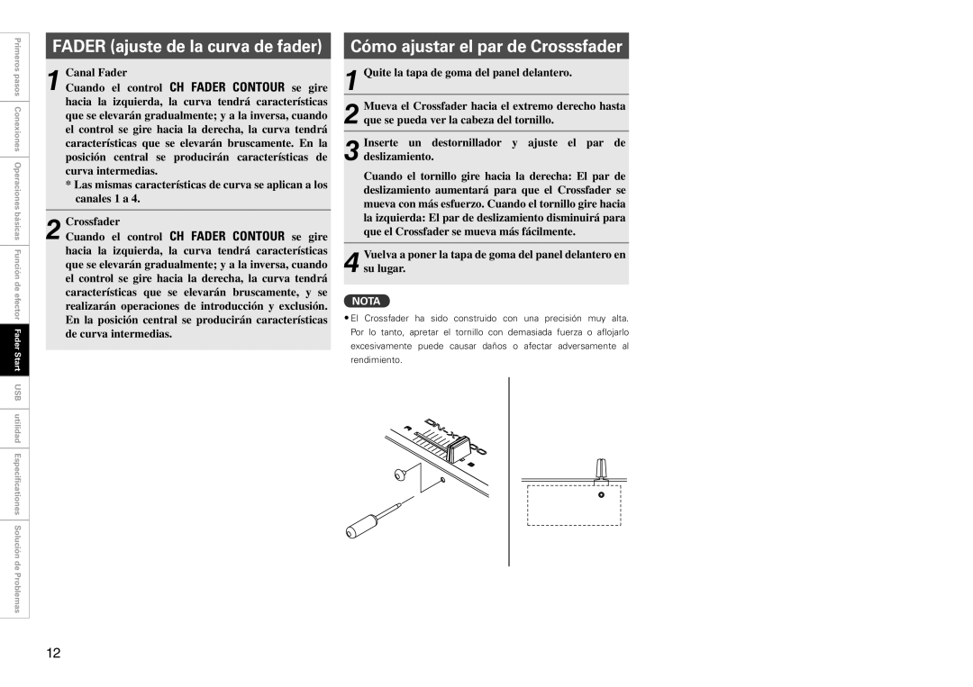 Denon DN-X1700 manual Fader ajuste de la curva de fader, Cómo ajustar el par de Crosssfader 