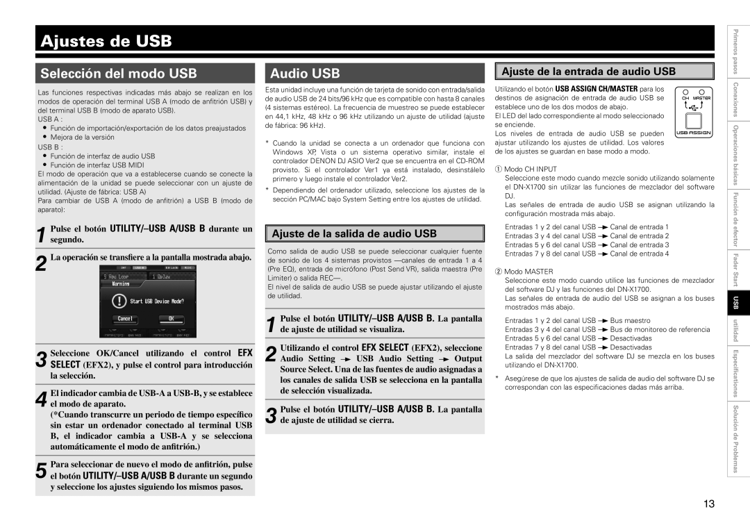 Denon DN-X1700 manual Ajustes de USB, Selección del modo USB, Audio USB, Ajuste de la salida de audio USB 