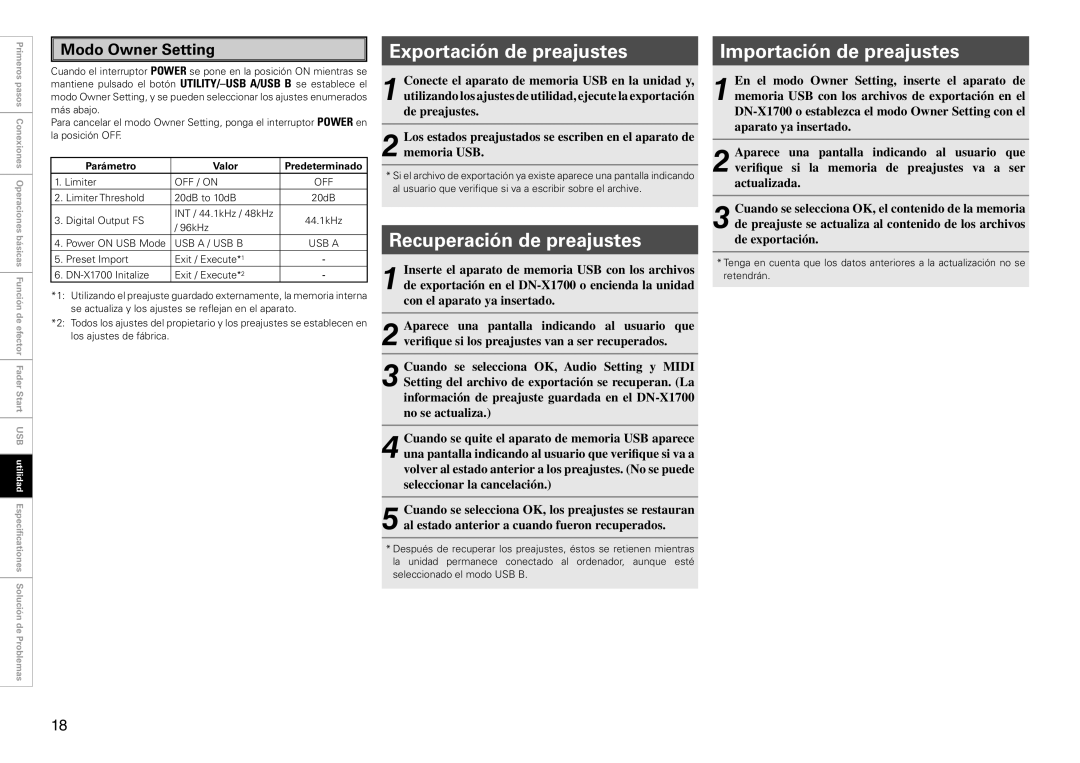 Denon DN-X1700 manual Exportación de preajustes, Recuperación de preajustes, Importación de preajustes, Modo Owner Setting 