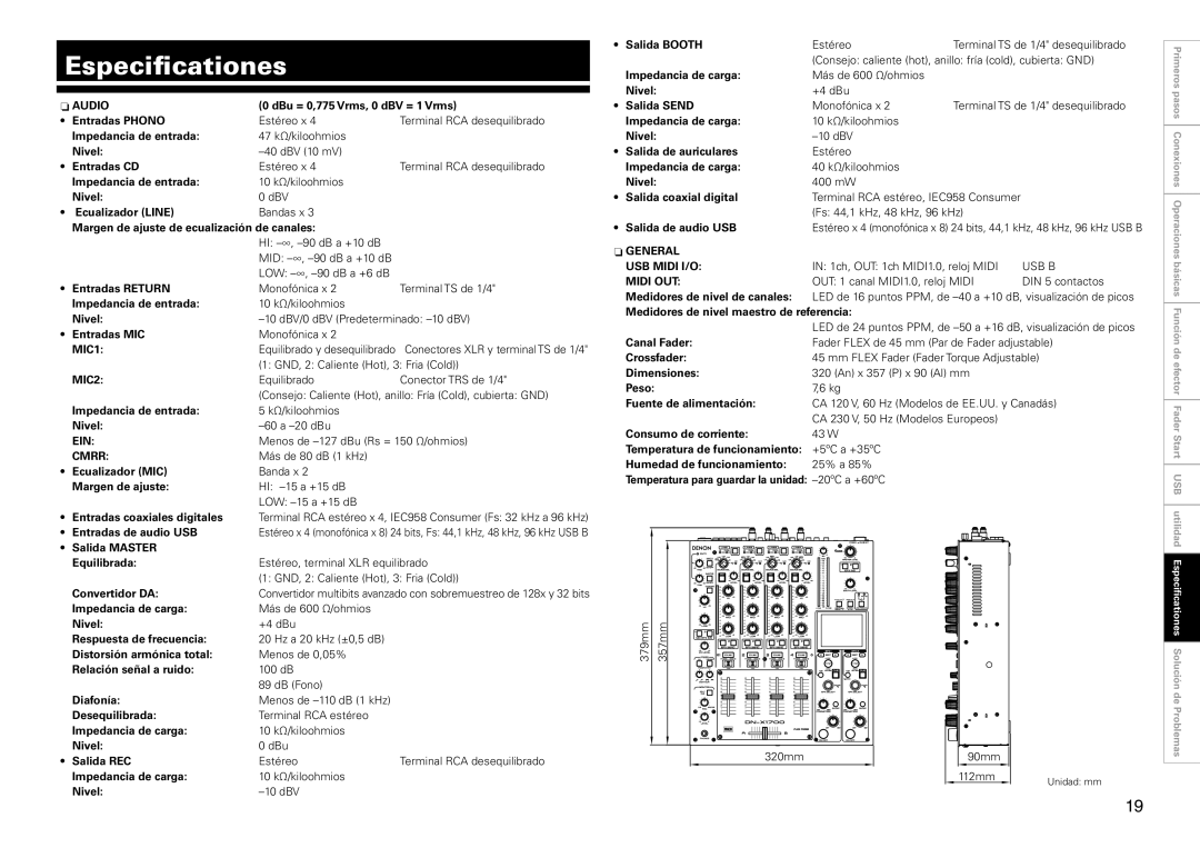 Denon DN-X1700 manual Especiﬁcationes 